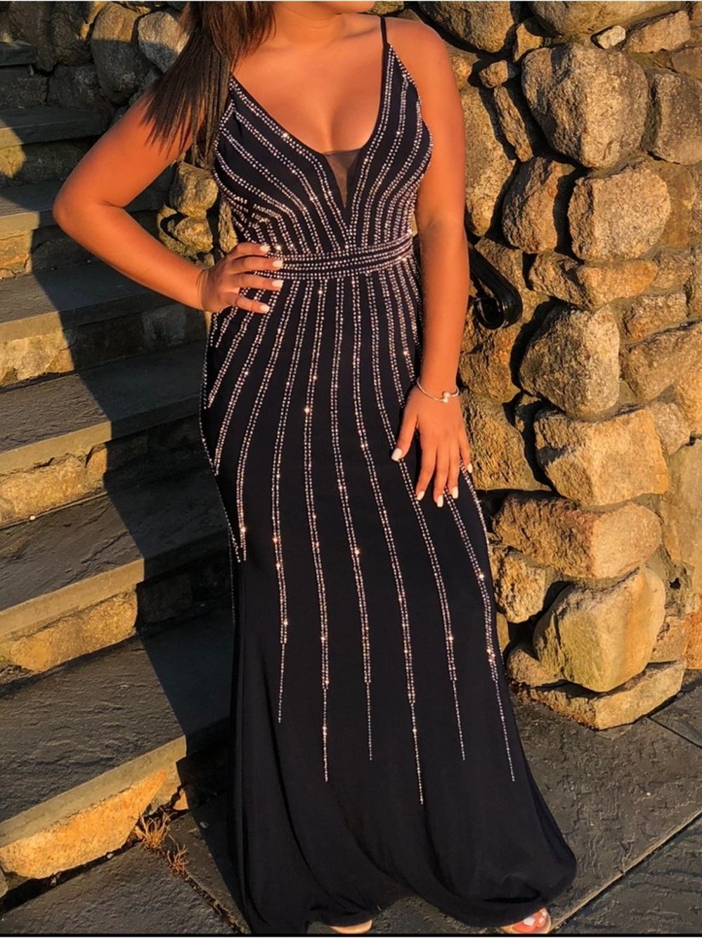 Xscape Navy Blue Maxi Dress with Silver beading💙